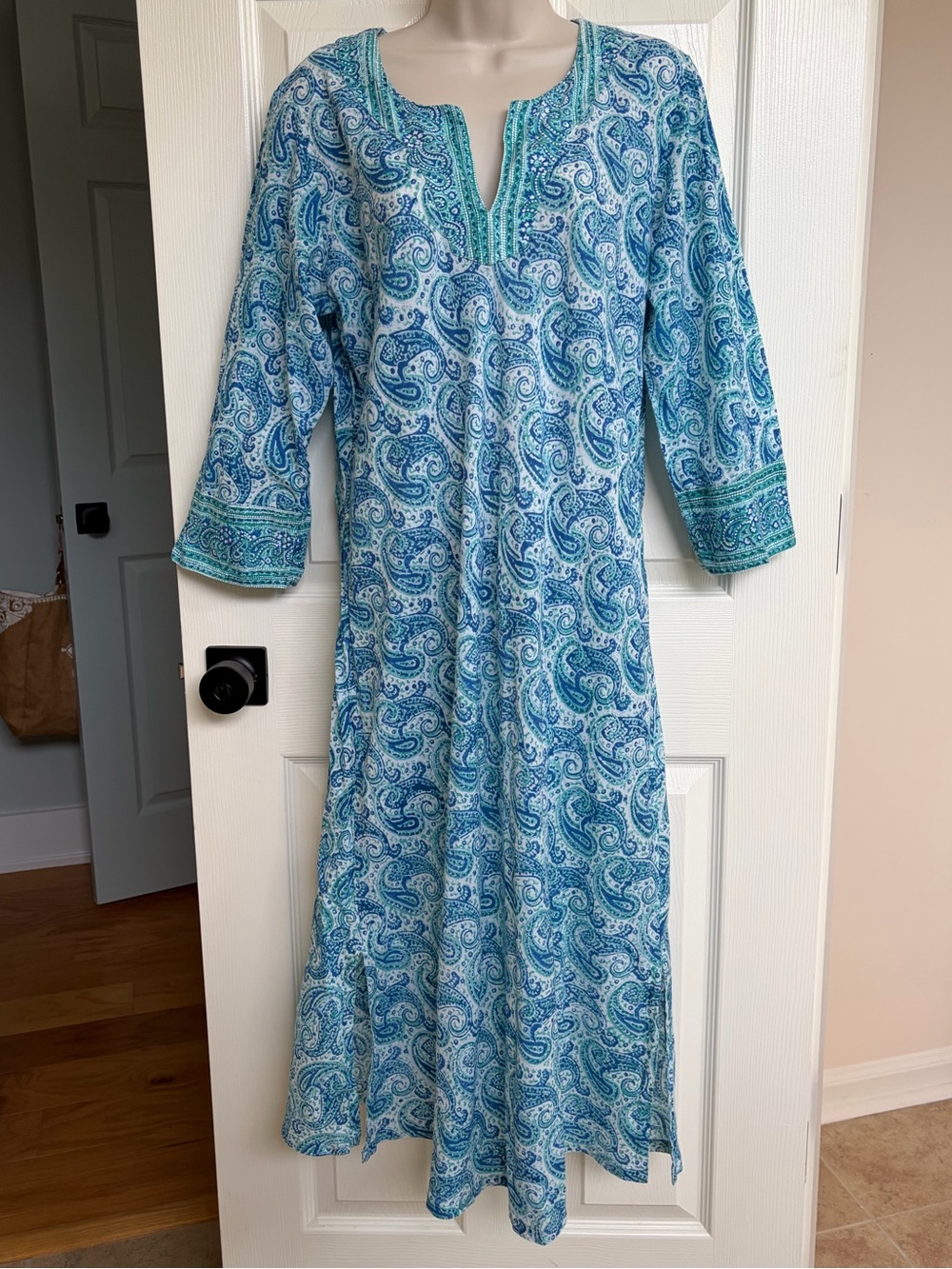 Anokhi Cotton Kaftan Dress Split V Neck 3/4 Sleeves Resort Block Print
Size L